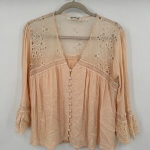 Three Bird Nest Peachy Embroidered Lace Bell Sleeve Blouse Top M
